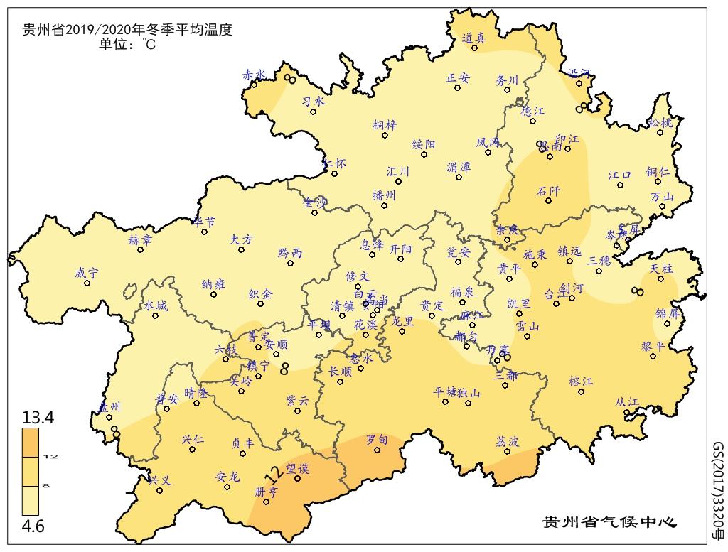 4℃(望谟)之间,省的南部大部,东部大部以及北部边缘局部地区在8.